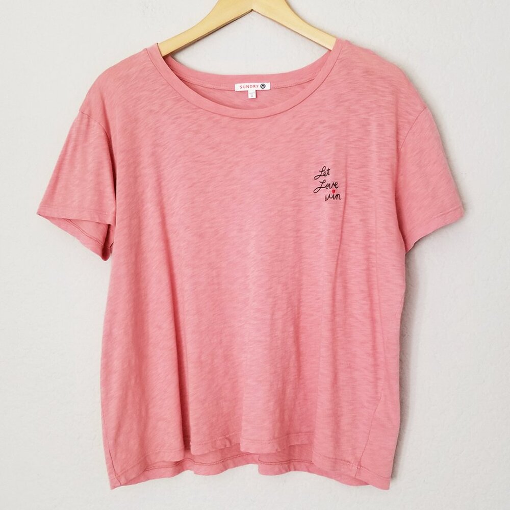 Anthropologie Sundry Tee T Shirt 100% Pima Cotton Let Love Win Embroidery Top M - Picture 2 of 14